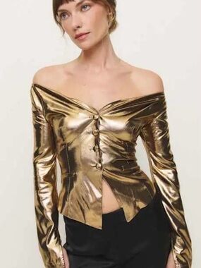 Reformation Metallic Gold Off-Shoulder Button Top